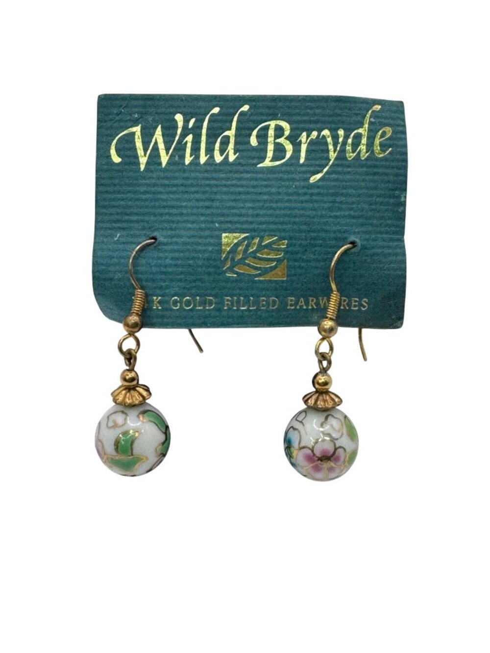 Wild Bryde 14K Gold Filled Cloisonné Dangle Earrings Floral Design Pink Green